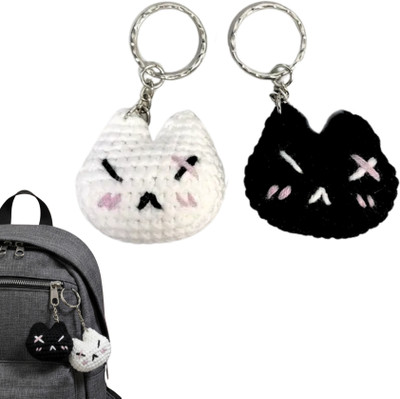 SNOWY SHOP 2pcs Anime Cat Plush Toy – Black & White Kitty Crochet Bag Charm Gift for Girls Key Chain