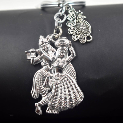 Abhiora Fashion Lord Radhey Krishna Murli Manohar Silver Peacock Charm Keychain for Men Women Key Chain