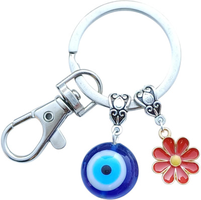 Kumar Handicraft Evil Eye Keychain Red Flower Charm, Blue Glass Protection- Key Ring/Key Holder Key Chain