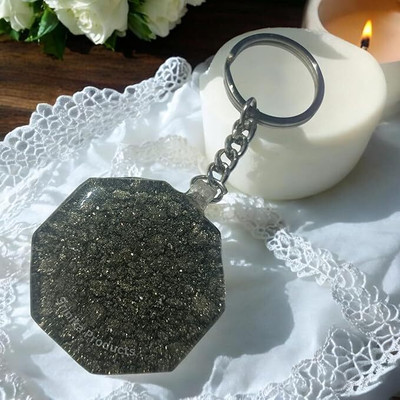 Srinika Enterprises Pyrite Chunk Octagon Keychain with Sleek Metallic Ring – Magnet for Wealth Key Chain