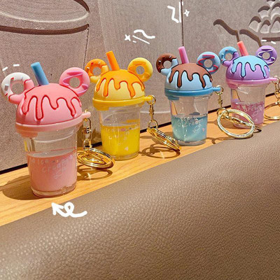 gtrp Cartoon Mickey Head Keychain Cute Donut Milk Tea Cup Liquid KeyChian Set Of 4 Key Chain