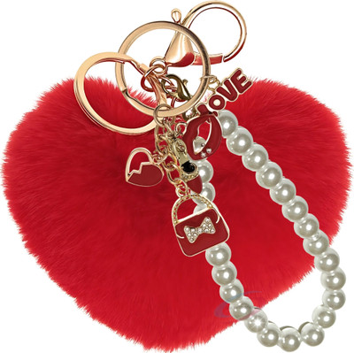 iAccessories Red Heart Faux Fur Pearl Keychain Charm for Girls Bags & Wallets Key Chain