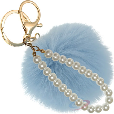 iAccessories Fluffy Faux Fur Pearl Pompom Charm Keyring for Girls Bags Bike Car Light Blue Key Chain