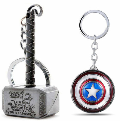 ZYZTA Combo of Marvel Avengers Superhero Thor Hammer and Captain America Rotating Shield Key Chains, Pack of 2 Key Chain