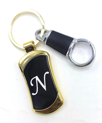 Jdp Novelty Alphabets letters N Logos Premium Quality Metal with Hook Black Gold Colour Key Chain