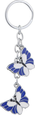 twilight shine Silver Tone Keychain with Two Blue and White Butterfly Pendants Key Chain