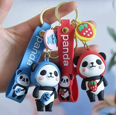 K C Smooth Texture PVC BLUE & RED PANDA Keyring with Strap & Charm (Combo 2 pcs) Key Chain