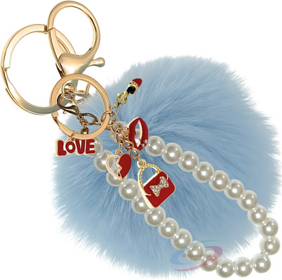 iAccessories Light Blue Faux Fur Ball Pom Pom Keychain with Pearl for Bags & Wallets Key Chain
