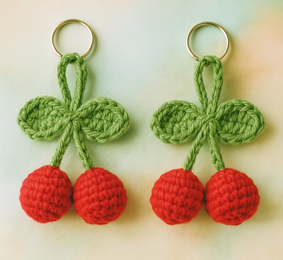Loveandloopby MK Handmade Crochet Cherry Keychain | Set of 2 | Cute Bag Accessories Key Chain
