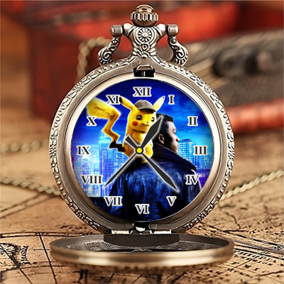 GT Gala Time Pokemon Theme Ash and Pikachu Printed Dial Vintage Gandhi Style Pocket Watch Key Chain