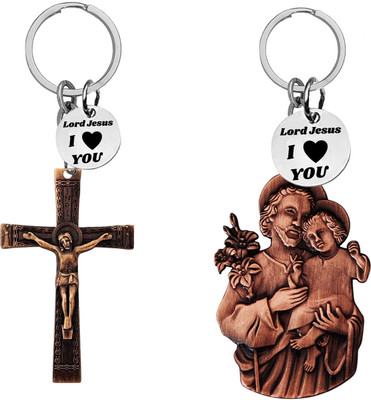 M Men Style Jesus cross and Saint Joseph with Child Jesus Keychains Com665-635 Key Chain