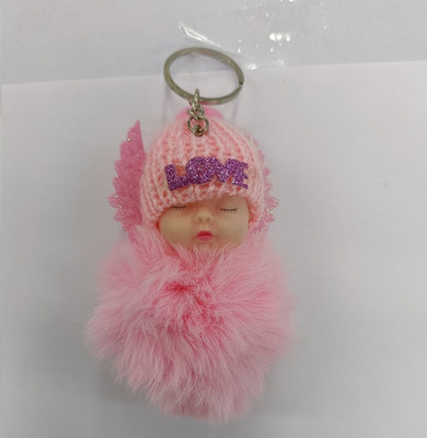 THANU'S CRAFT Cute Sleeping Baby Pink Angel Fur Doll Keychain Pom Pom Soft Plush Doll Keychain Key Chain
