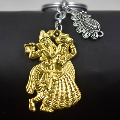 Abhiora Fashion Lord Radhey Krishna Murli Manohar Gold Peacock Charm Keychain for Men and Women Key Chain