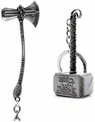 GIKH KeyChain_Marvel Avengers Infinity War Thor Axe & Hammer Silver Metal(Pack of 2) Key Chain