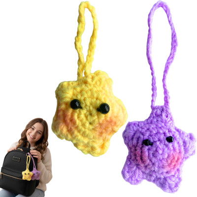 SNOWY SHOP 2pcs Purple & Yellow Crochet Star Bag Charm – Cute Plush Accessory for Girls Key Chain