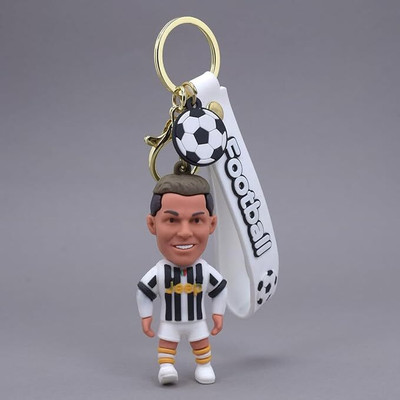 gtrp White Black Ronaldo 3D Rubber keychain With Long Ribbon Key Chain