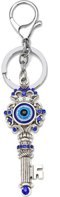 Lenity Annie Blue and Silver Evil Eye with Key Shape Keychain For Bike/Car Key Chain