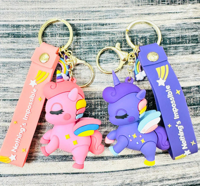 K C Unicorn Keychain with Strap & Rainbow Charm | (Pink & Purple) | (2Pcs) Key Chain