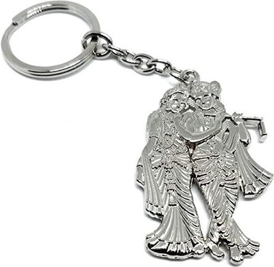 Meeko.com Two Sided Radha Krishna Silver Metal Keychain for Car Bike Men Women Keyring Key Chain