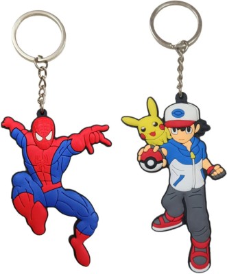 Kopal Pokemon & Spiderman Cartoon Character Double Sided Rubber Keychain Key Chain