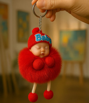 Vedara Cute Sleeping Baby Doll Key chains Fluffy Fur Pompom Keychain key holder Key Chain