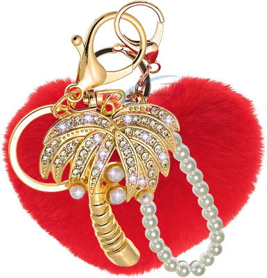 iAccessories Faux Fur Heart Palm Tree Keychain with Pearls & Crystals – Red Charm Key Chain