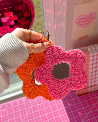HANDCRAFTp Fluffy Flower Keychain With Mirror, Cute Design, Useful For Quick Touch-Ups Key Chain