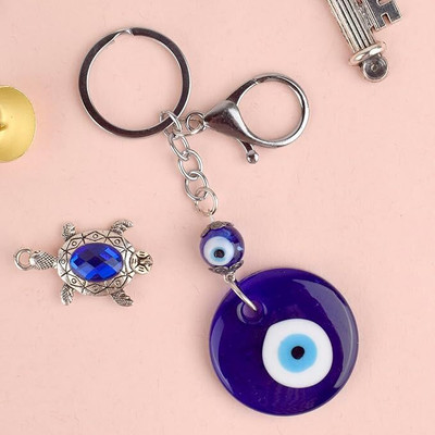 Satvik Lucky Blue Evil Eye Keychain, Silver Anti-Rust Key Ring for Bike Key Chain