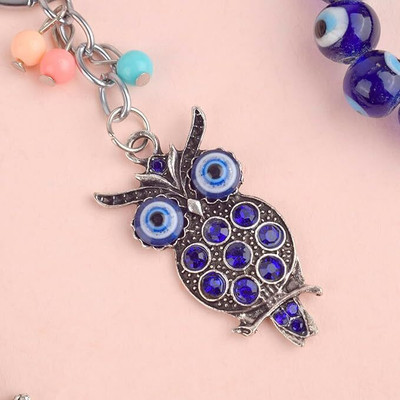 Satvik 1 Pc Lucky Owl Keychain with Blue Beads and Evil Eye Key Chain