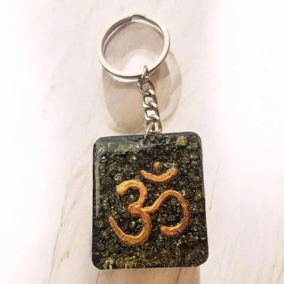 Srinika Enterprises Pyrite Chunk Square Keychain Om Engraved Sleek Metallic Ring – Magnet for Wealth Key Chain