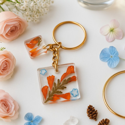 Resinbysona Handmade Real Dried Flower Resin Keychain with Golden Chain 2025 Edition Key Chain