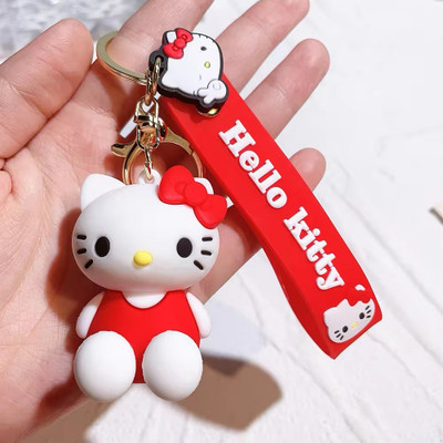HappierYou Hello Kitty Character Keychain with Charm, Red and White, Decorative Key Ring Key Chain