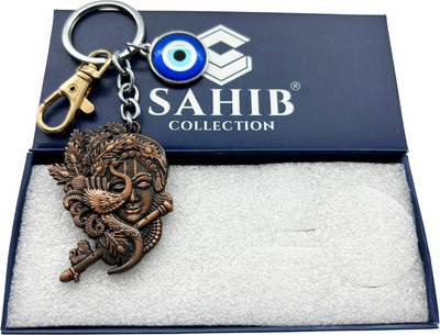 Sahib Collection Double Sided Krishna Face Flute Evil Eye Gold Hook Metal Keychain Copper Pack1 Key Chain