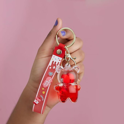 CherryBox Teddy Shape with Heart Water Glitter,Floating Liquid Filled Keychain for Kids Key Chain
