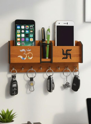 Joies Fashions Joies Decorative OM SWASTIKA Key Holder / Mobile Stand (Brown ,8 Hook) Wood Key Holder(8 Hooks, Brown)