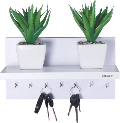 Captiver Display 7 Hook Wall Mounted Wooden Key Holders with Shelf /Decorative Multipurpose Hanging Rack Steel Key Holder(7 Hooks, White)