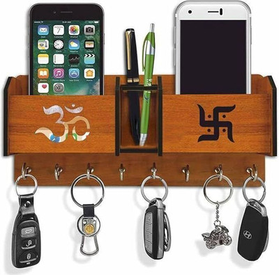 S sagwan bazar Elegant Wooden Wall Mounted Key Holder with Mobile and Pen Organizer Wood Key Holder(8 Hooks, Brown)