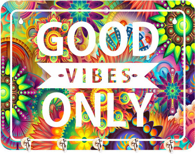 Phirki Studio Stylish Good Vibes Only Wooden Key Hanger Wall Decor, Wood Key Holder(5 Hooks, Multicolor)