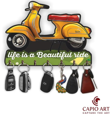 MANCHII Scooter Key Holder Wall Hanging | Vintage Yellow Vespa Design Key Stand Wood Key Holder(7 Hooks, Yellow)