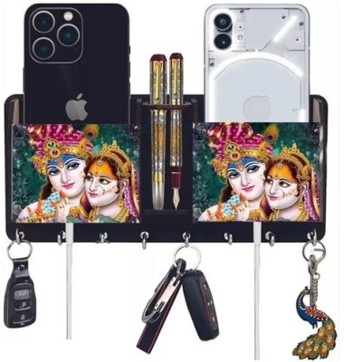 KK CRAFT Printed Radha Krishan Key Holder With Mobile Stand And Storage Box Wood Key Holder(8 Hooks, Multicolor)