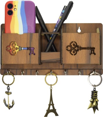 ANCHI Both SIde Keys key holder wooden Key Holder With 2 Mobile Pocket and pen holder Wood Key Holder(7 Hooks, Brown)