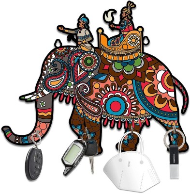 Sage Designer Wooden Key Holder for Home | Key Stand (Elephant Designed) Wood Key Holder(4 Hooks, Multicolor)