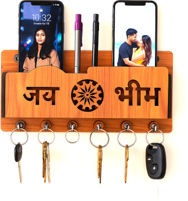 Sushobha traders Designer Wooden Engraved Jai Bhim Multi-Functional Wall Mounted Wood Key Holder(6 Hooks, Brown)