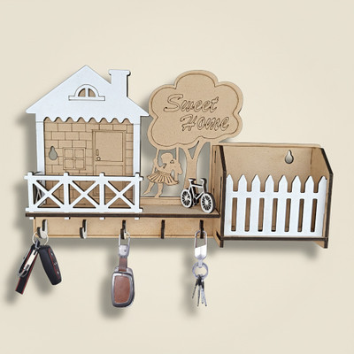 AKAAY Wood Key Holder(5 Hooks, White, Beige)