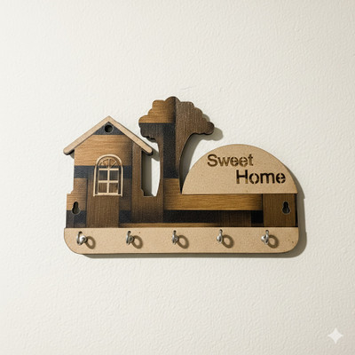 HOME SPIRE Sweet Home Wooden Wall Key Holder – Rustic Key Rack for Entryway Wood Key Holder(5 Hooks, Brown)