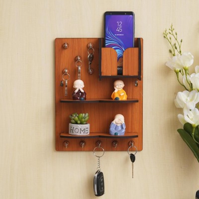 WEBELKART Premium Key Chain Holder With Phone Stand For Home And Office Decor Wood Key Holder(10 Hooks, Brown)