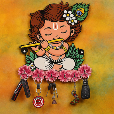 CAPIO ART Designer Premium HD UV Printed Krishna Shape designer Home And Office Decor Wood Key Holder(7 Hooks, Multicolor)