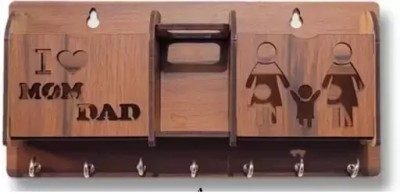 SAMWAX MOM DAD Wood Key Holder(7 Hooks, Brown)