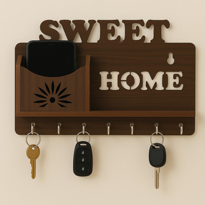DivineCrafted Wall Mounted Sweet Home Design Multipurpose Key Organizer for Entryway & Office Wood Key Holder(8 Hooks, Brown)