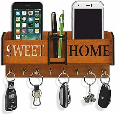 Sage Wall Mounted Designer Key Holders for Decor Stylish Hook Stand Organizer Home Wood Key Holder(8 Hooks, Brown)